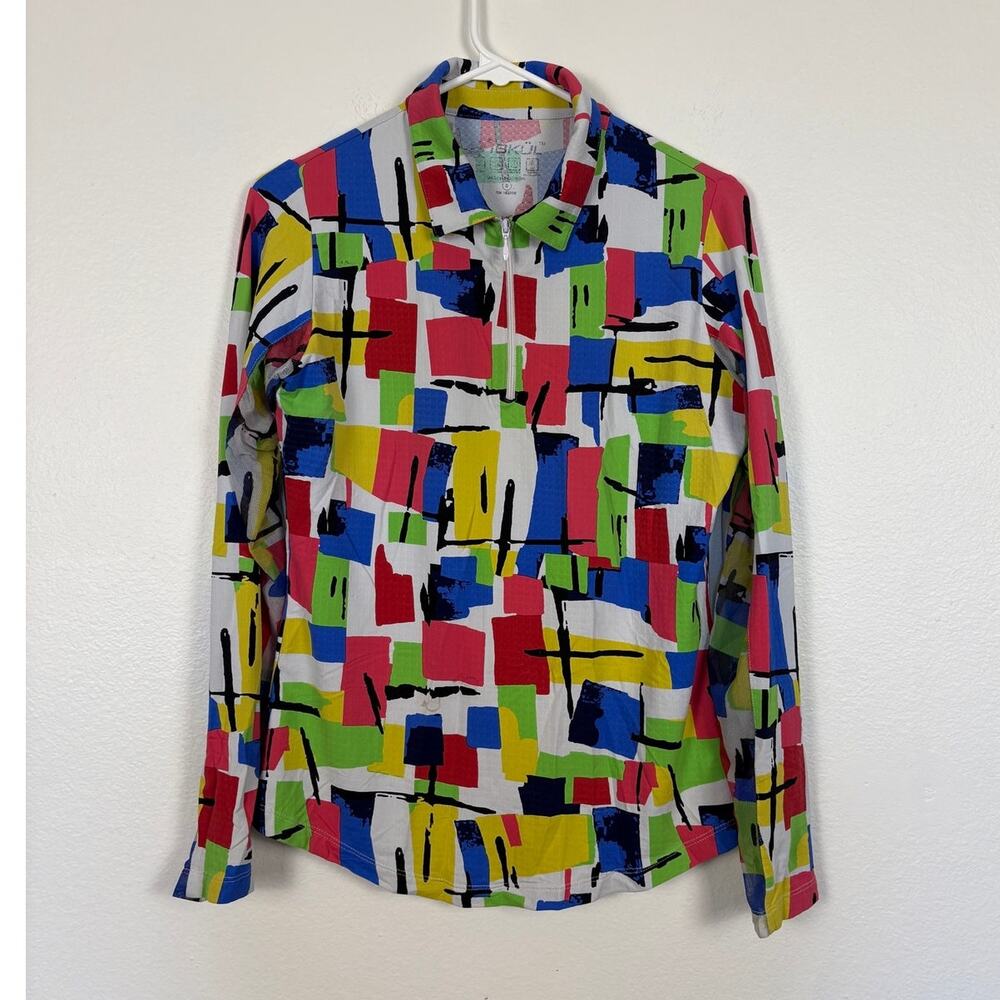 IBKUL Color Block Mix Print Tennis Pickleball Athletic Quarter Zip Long Sleeve S